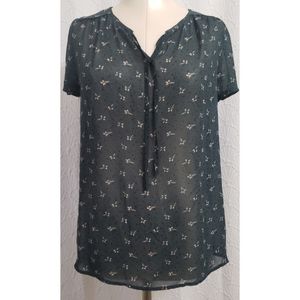 Loft hunter green Floral front tie blouse